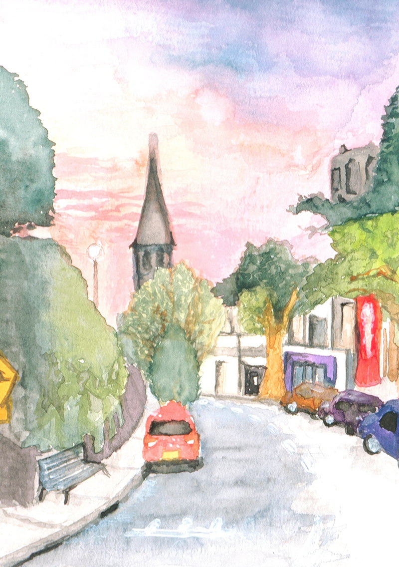 Architecture, Interiors, Urban | Street | Watercolour | Green, Pink | Original Artwork | Incognito Art Show